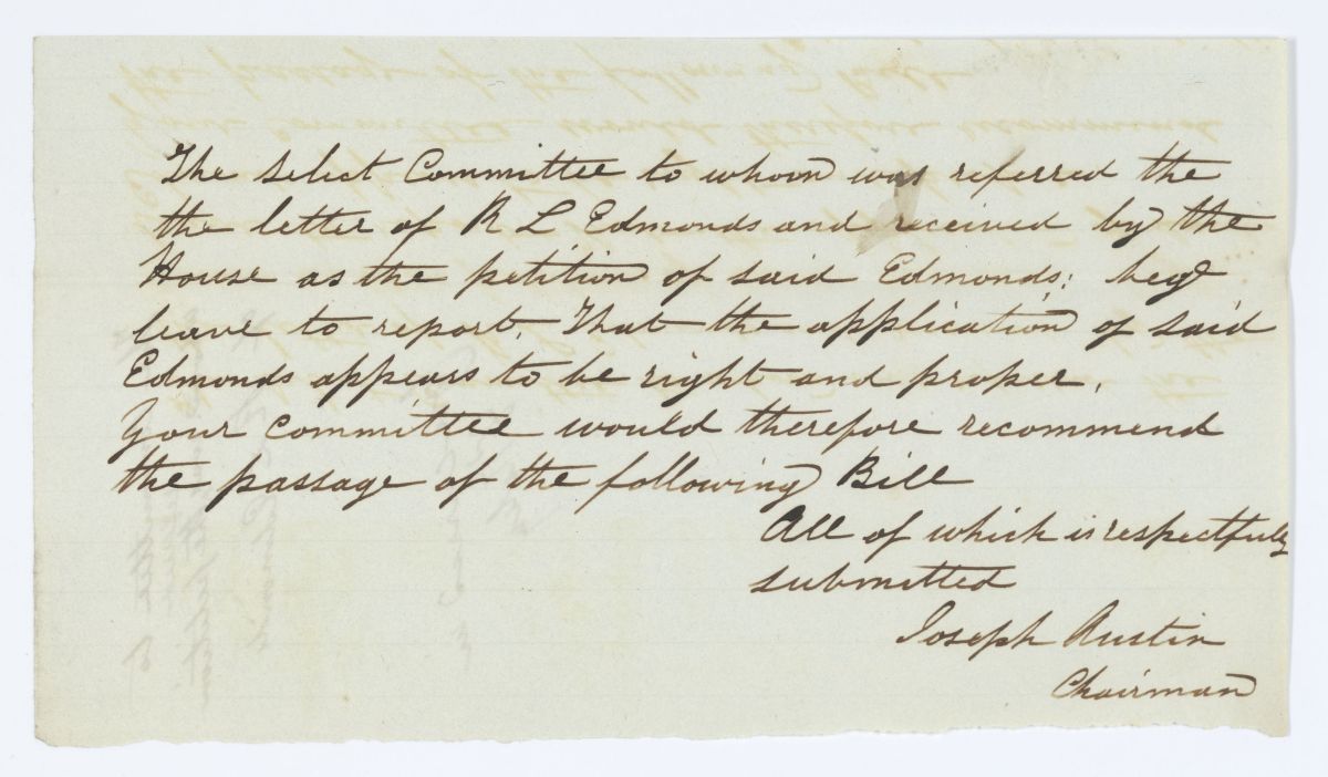 Report of the Select Committee to Whom Was Referred the Petition of R. L. Edmonds, circa 1844