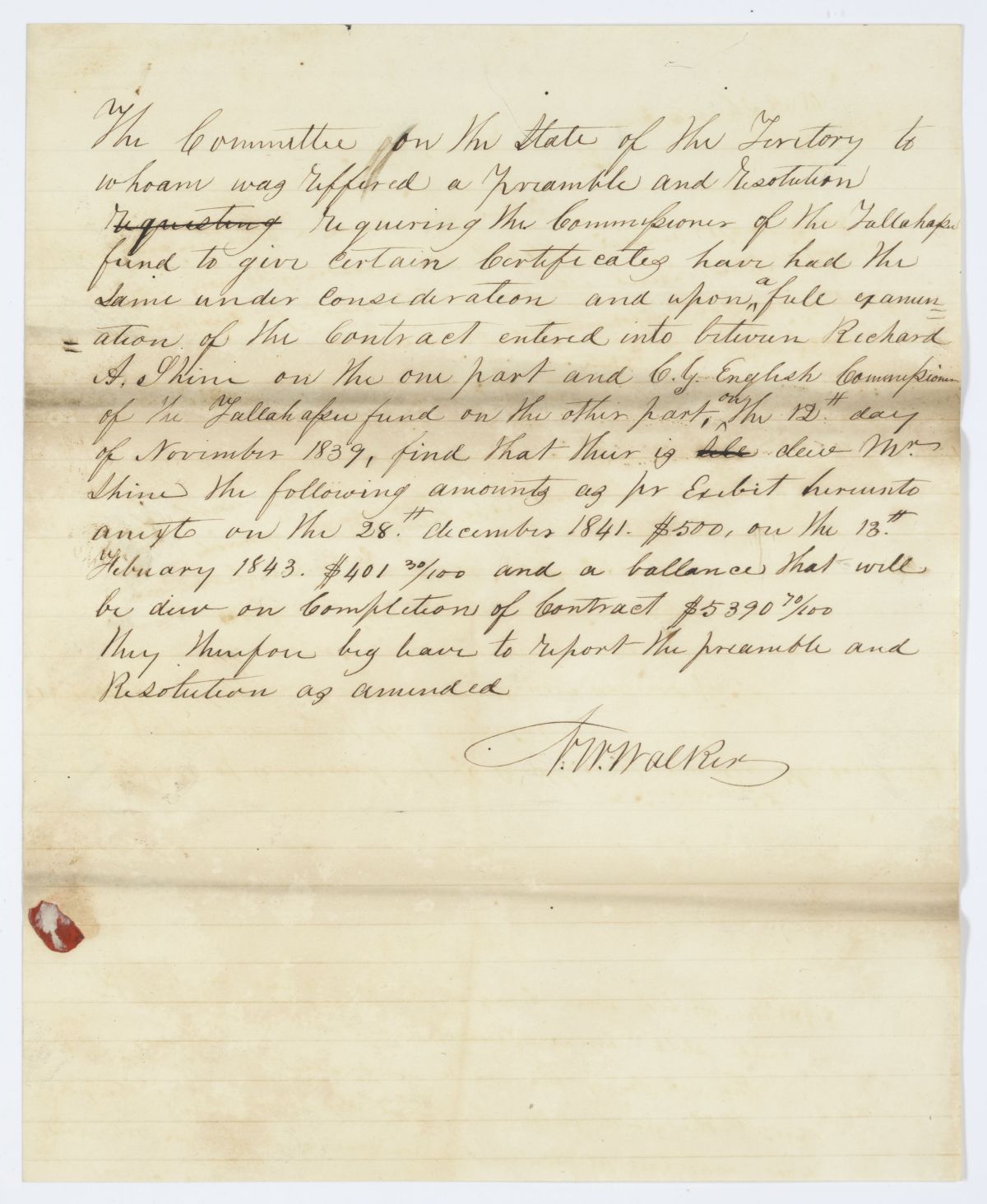 Report of the Committee on the State of the Territory to Whom Was Referred a Resolution Regarding the Tallahassee Fund, circa 1844