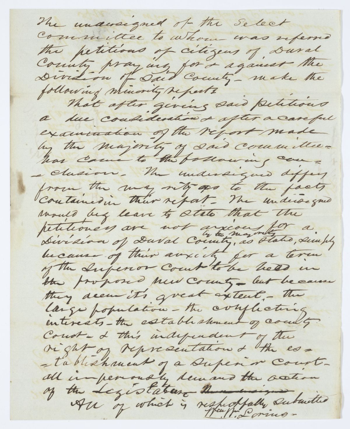 Minority Report of the Select Committee to Whom Was Referred Petitions for and Against the Division of Duval County, circa 1844