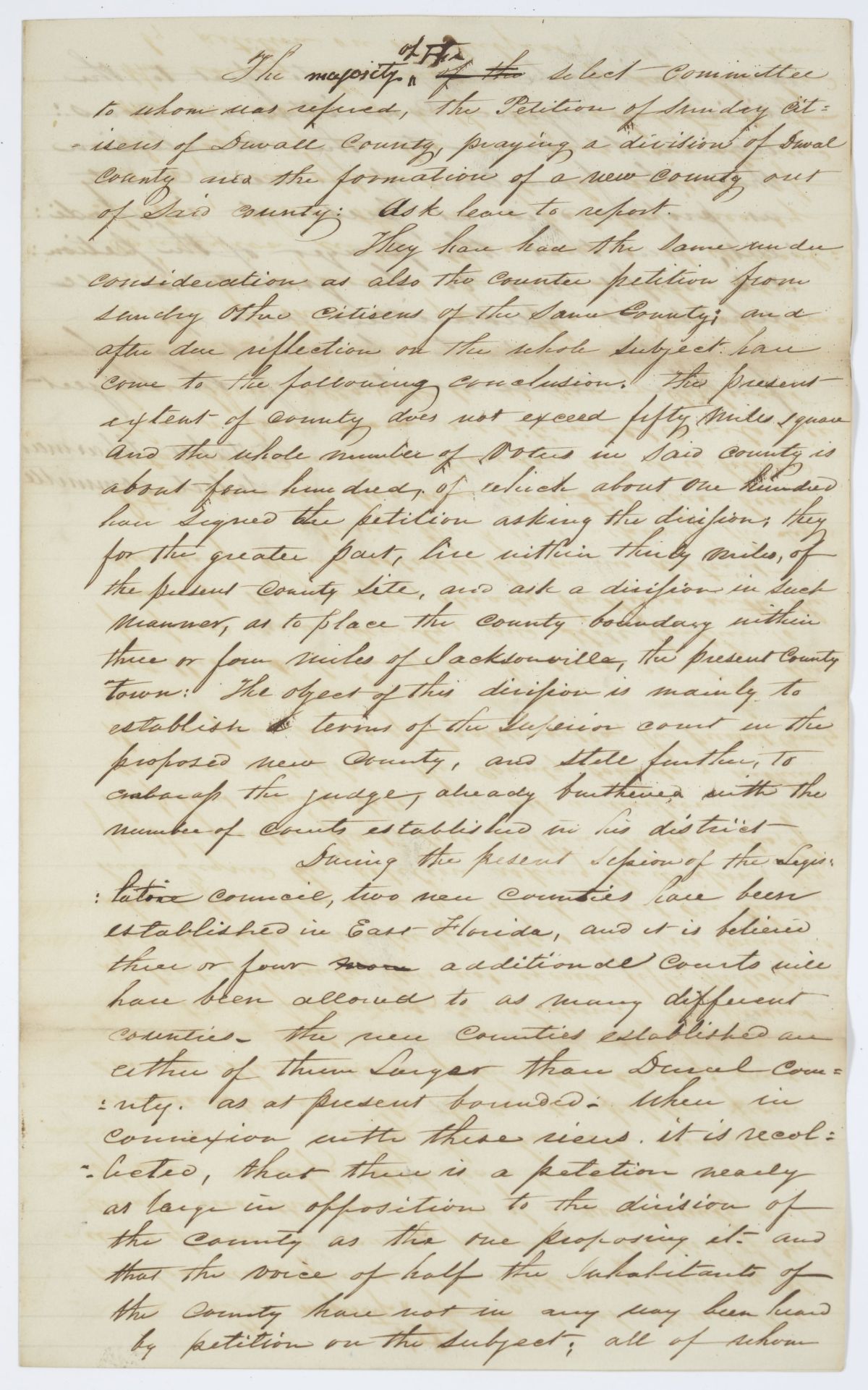 Report of the Select Committee to Whom Was Referred a Petition of Citizens of Duval County Requesting a Division of the County, circa 1844