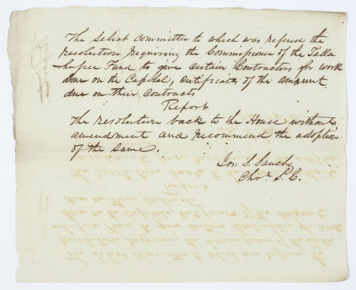 Report of the Select Committee to Whom Was Referred a Resolution Regarding Payment to Contractors Who Worked on the Capitol, circa 1844