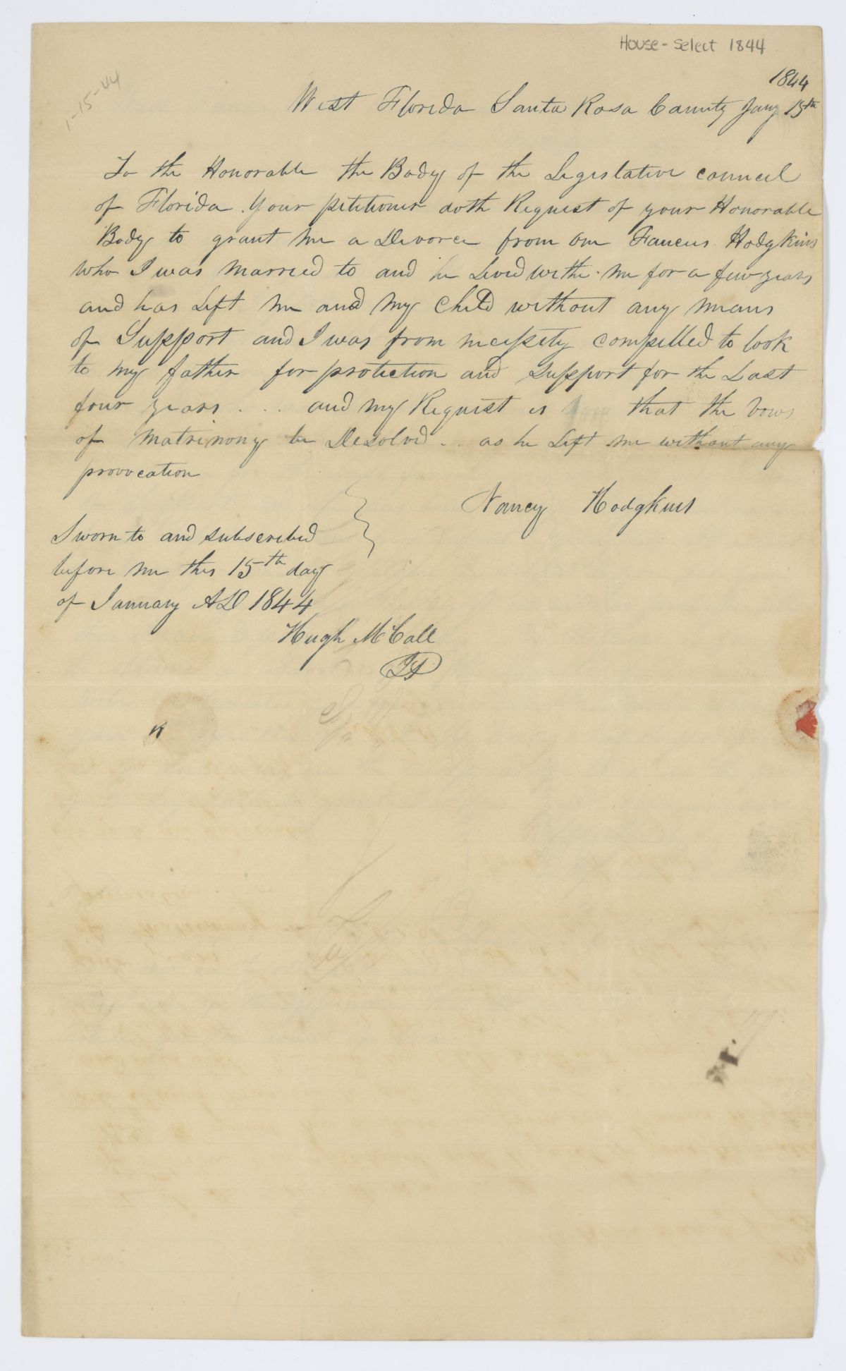 Divorce Petition of Nancy Hodgkins with a Supporting Letter, 1844