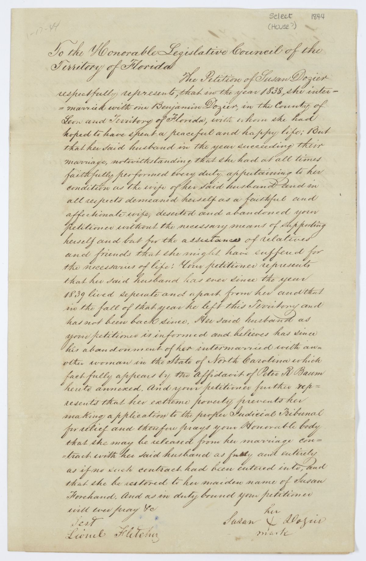 Divorce Petition of Susan Dozier with Supporting Affidavit, 1844