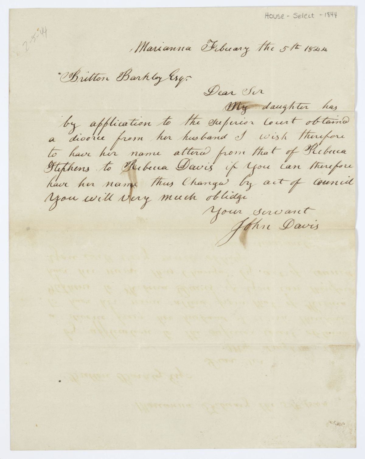 Letter from John Davis to Britton Barkley Regarding a Name Change for Davis's Daughter, 1844