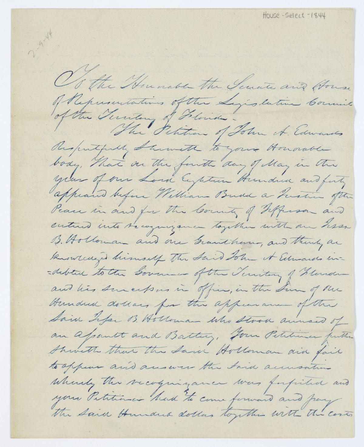 Petition for the Relief of John A. Edwards with a Committee Report, circa 1844