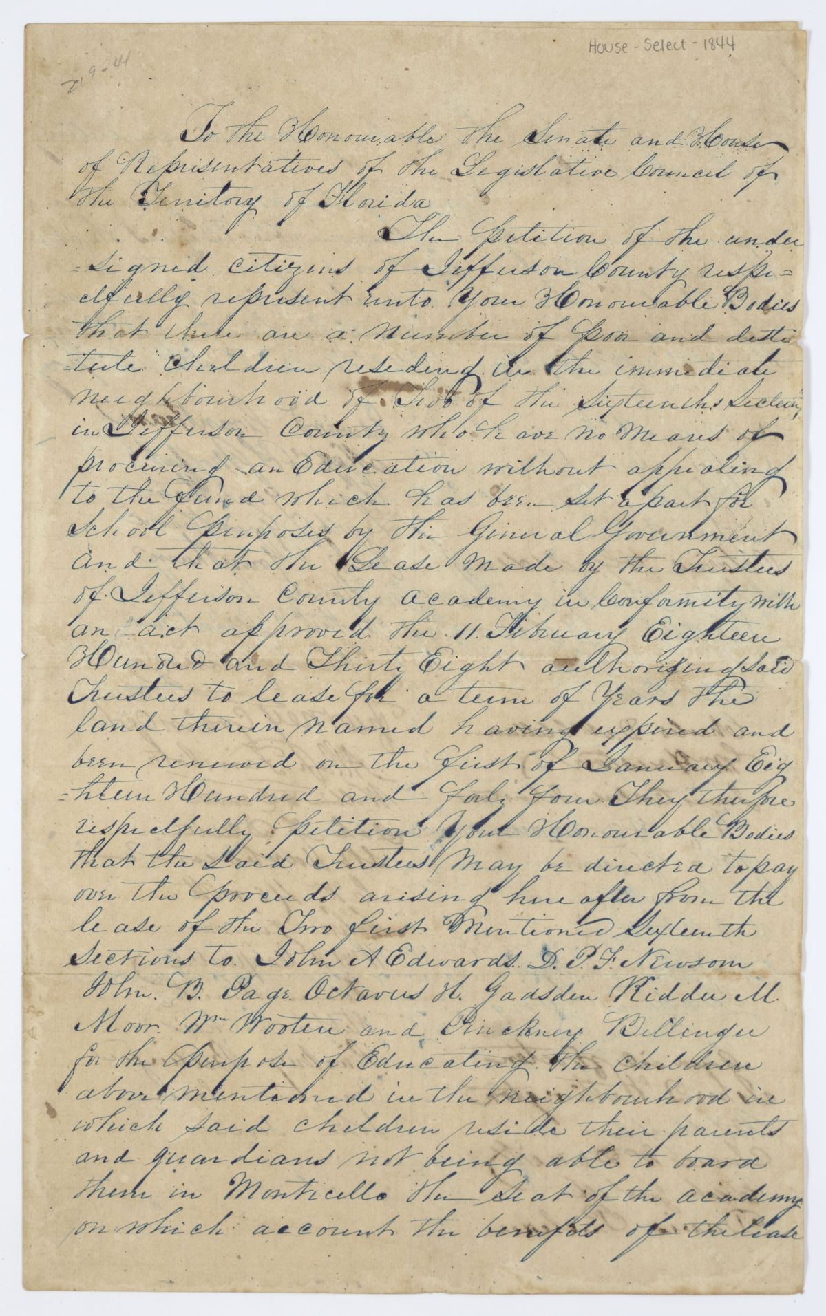 Petition of Citizens of Jefferson County Requesting Funds for the Education of Poor Children, circa 1844