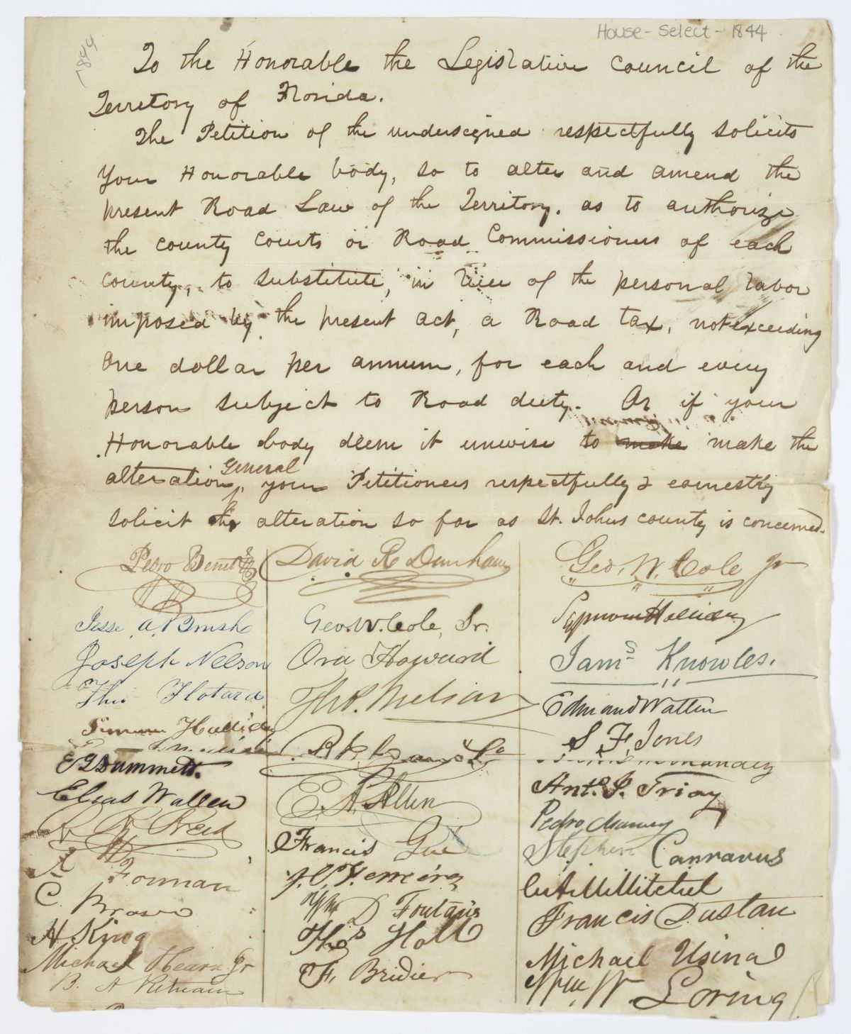 Petition of Citizens of Saint Johns County Requesting that a Road Tax Substitute for Road Duty, circa 1844