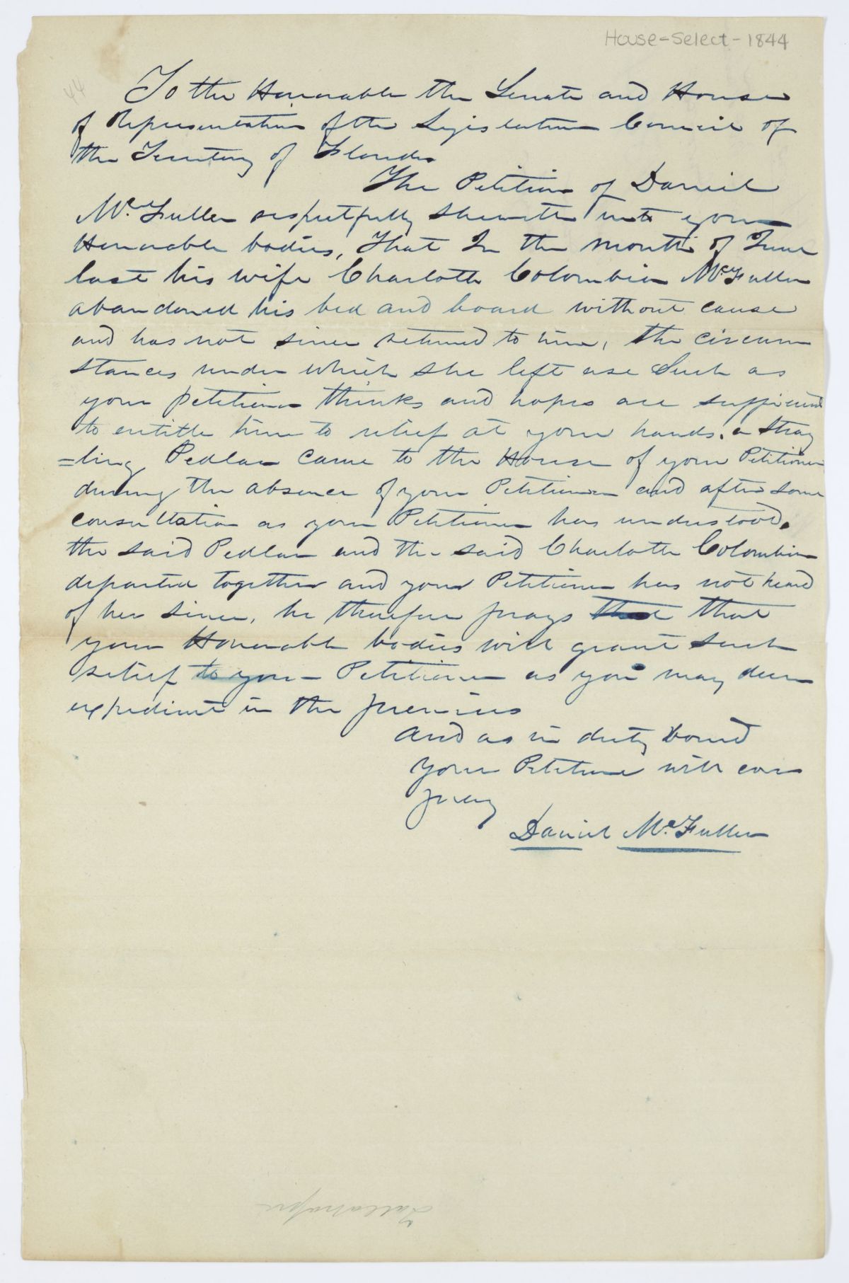 Divorce Petition of Daniel McFuller, circa 1844