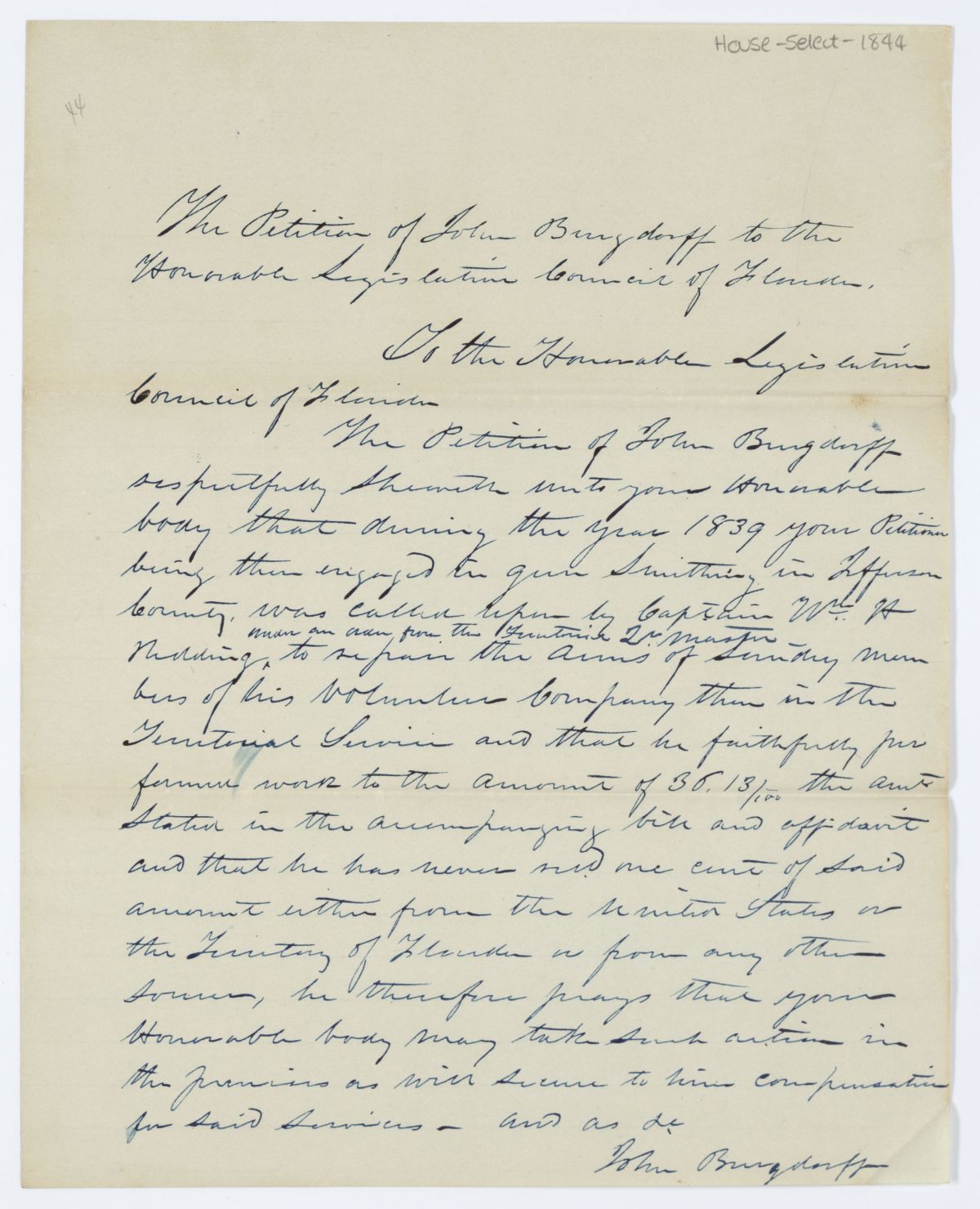 Petition of John Burgdoff Requesting Compensation for Services Rendered as a Gunsmith with Committee Report, circa 1844