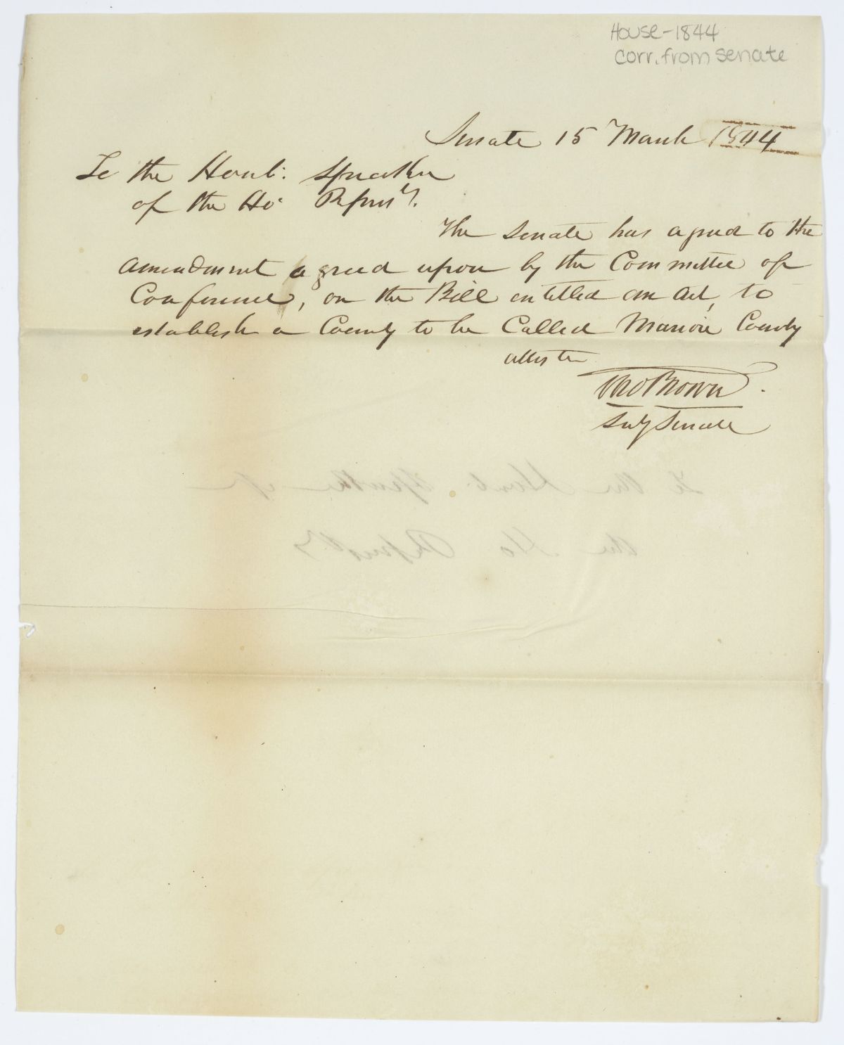 Three Messages from the Senate to the House of Representatives Concerning a Bill to Organize Marion County, 1844