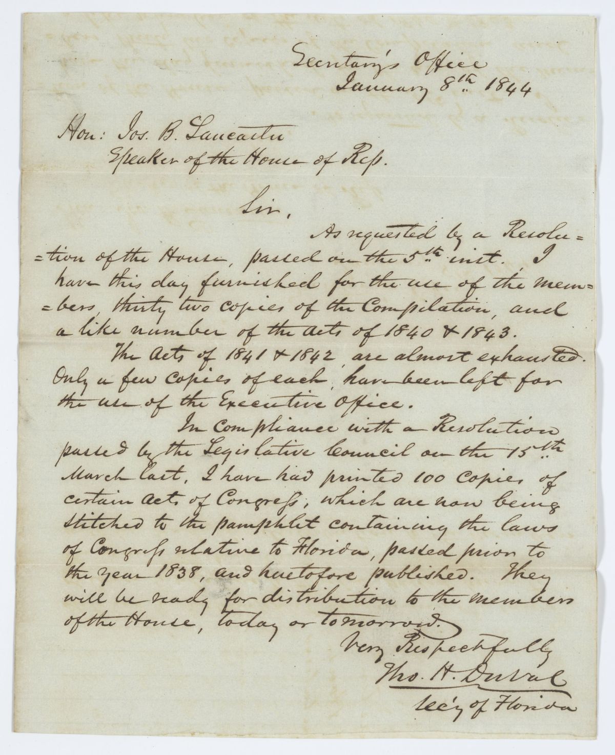 Letter from Thomas H. Duval to Joseph B. Lancaster Regarding the Distribution of Printed Laws to the Florida House of Representatives, 1844