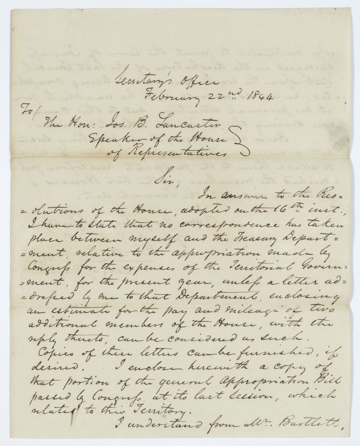 Letter from Thomas H. Duval to Joseph B. Lancaster Regarding Appropriations for the Expenses of the Territorial Government, 1844