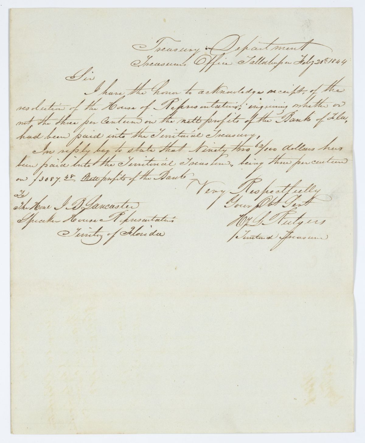 Letter from H. L. Rutgers to Joseph B. Lancaster Concerning the Net Profits of the Bank of Florida, 1844