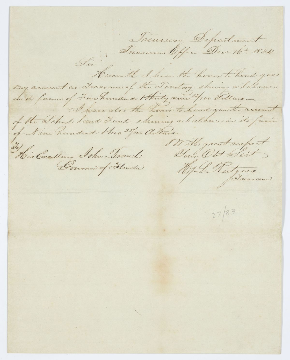 Letter from H. L. Rutgers to Governor John Branch Regarding the Balance of the Treasury and the School Land Fund, 1844