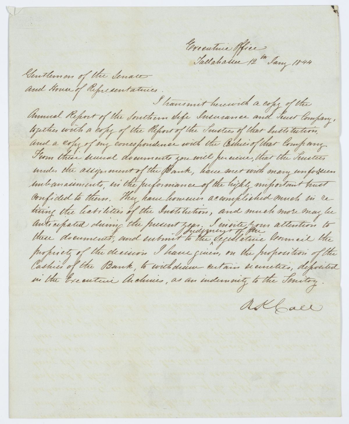 Letter from Governor Richard Keith Call to the Territorial Legislative Council Regarding the Southern Life Insurance and Trust Company, 1844