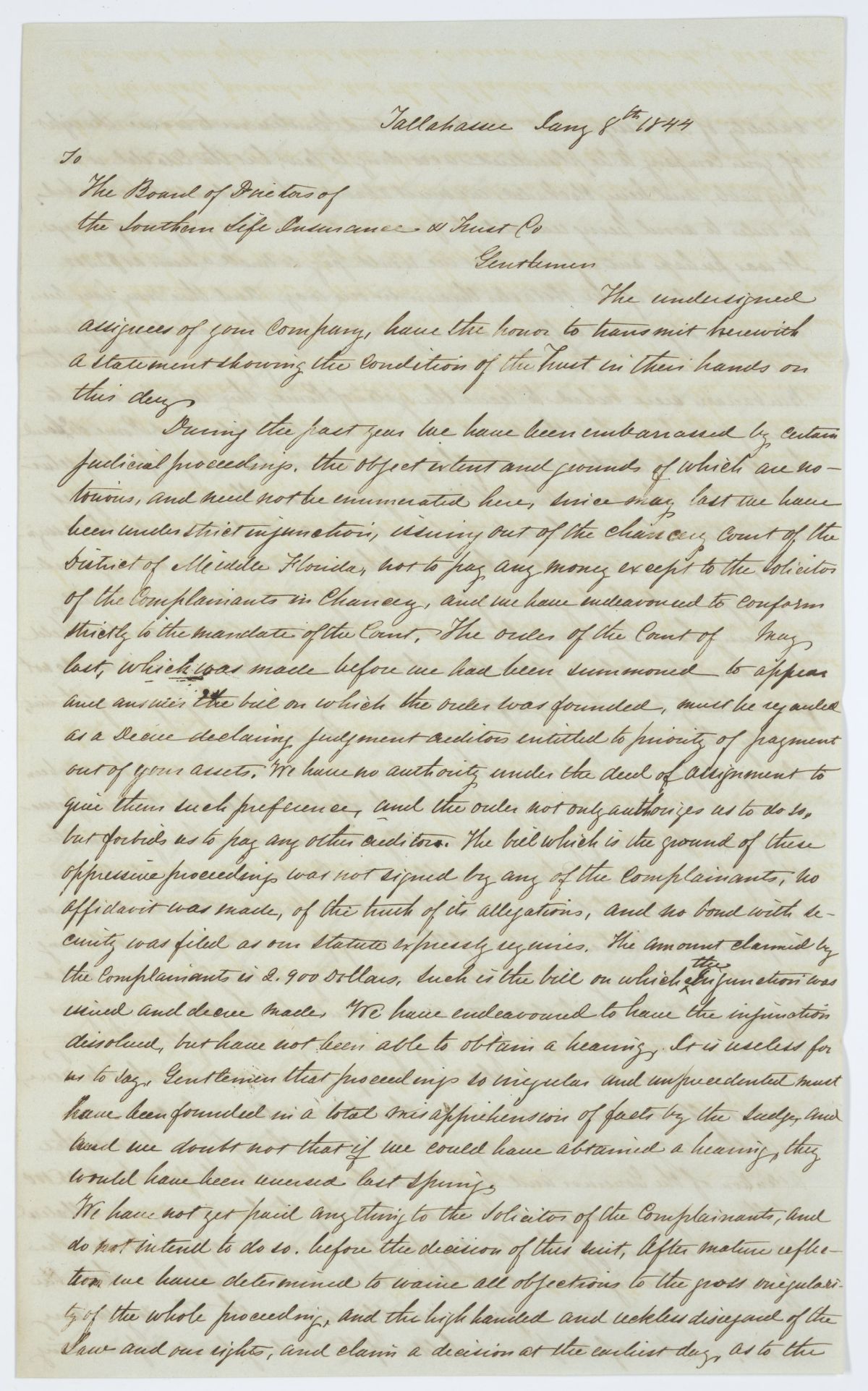 Letter from Assignees of the Southern Life Insurance and Trust Company to the Board of Directors, 1844