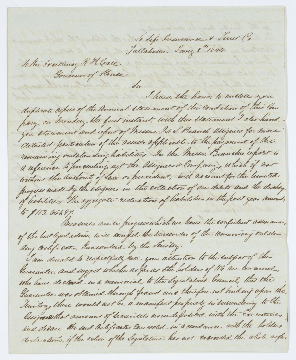 Letter from Robert Lyon to Governor Richard Keith Call Regarding the Condition of the Southern Life Insurance and Trust Company, 1844