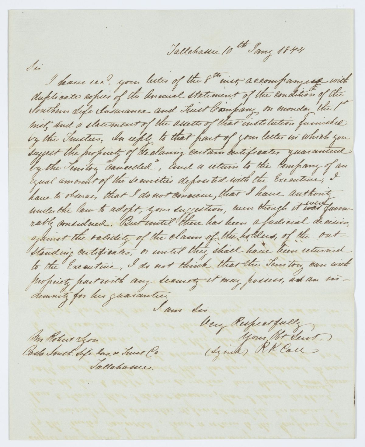 Letter from Governor Richard Keith Call to Robert Lyon Concerning the Southern Life Insurance and Trust Company, 1844