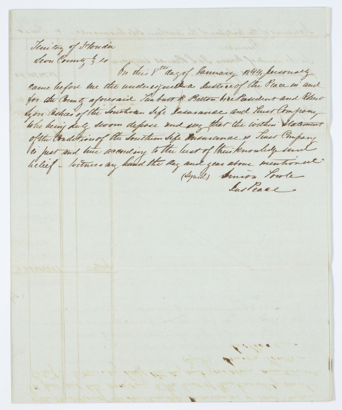 Affidavit of Officers of the Southern Life Insurance and Trust Company Attesting to the Condition of the Company, 1844