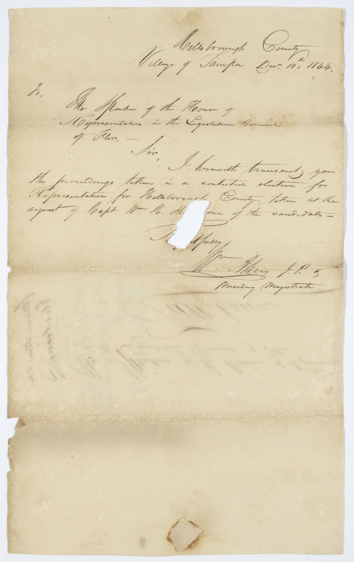 Letter from a Justice of the Peace to the Speaker of the House Concerning a Contested Election, 1844