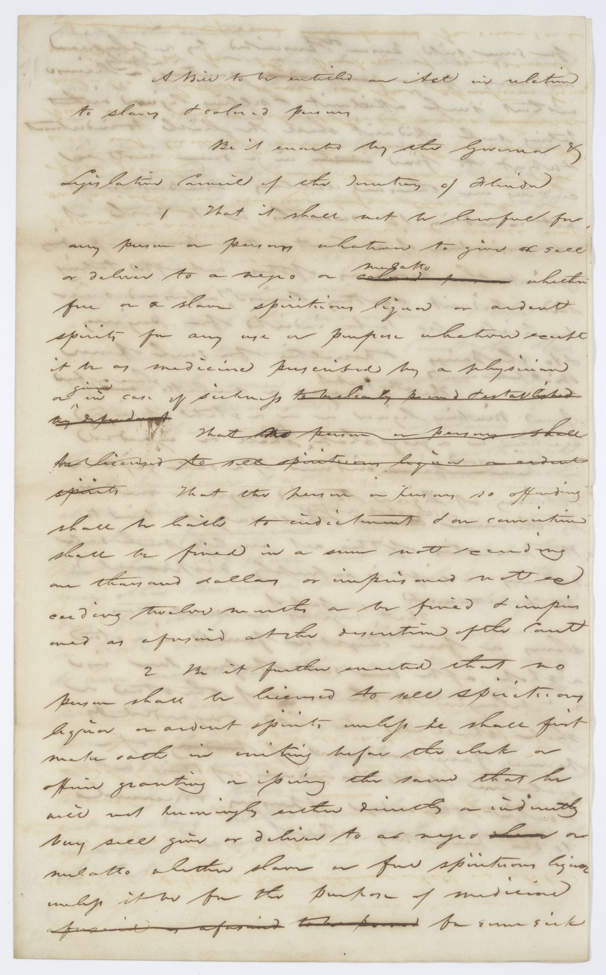 Draft of a Bill to be Entitled an Act in Relation to Slavery and Colored Persons