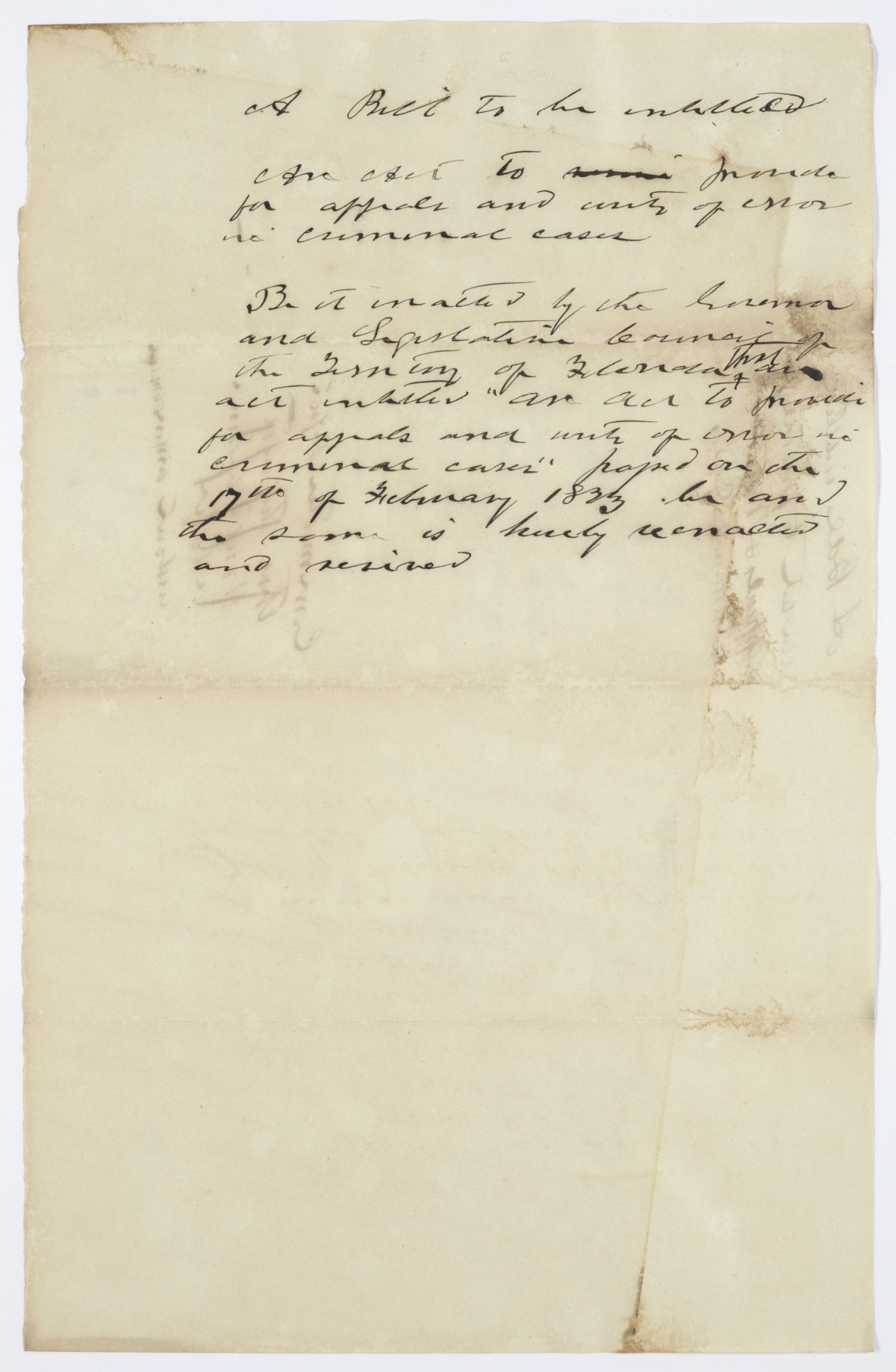 Draft of an Act to Provide for Appeals and Writs of Error in Criminal Cases, 1844