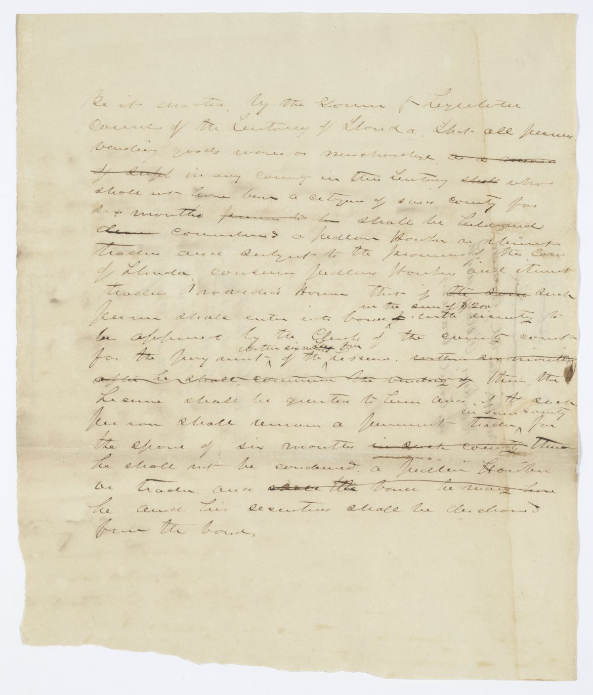 Draft of an Act Concerning Hawkers, Peddlers and Itinerant Traders, 1844