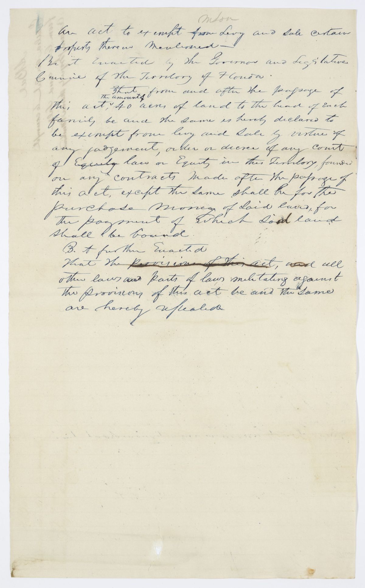 Draft of an Act to Exempt from Levy and Sale Certain Property Therein Mentioned, 1844