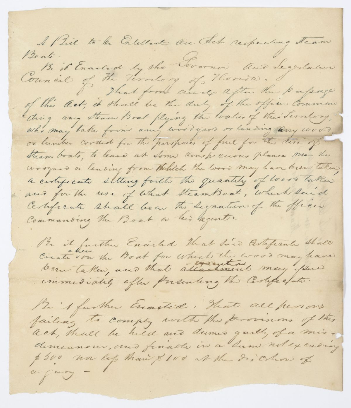 Draft of an Act Respecting Steamboats, 1844