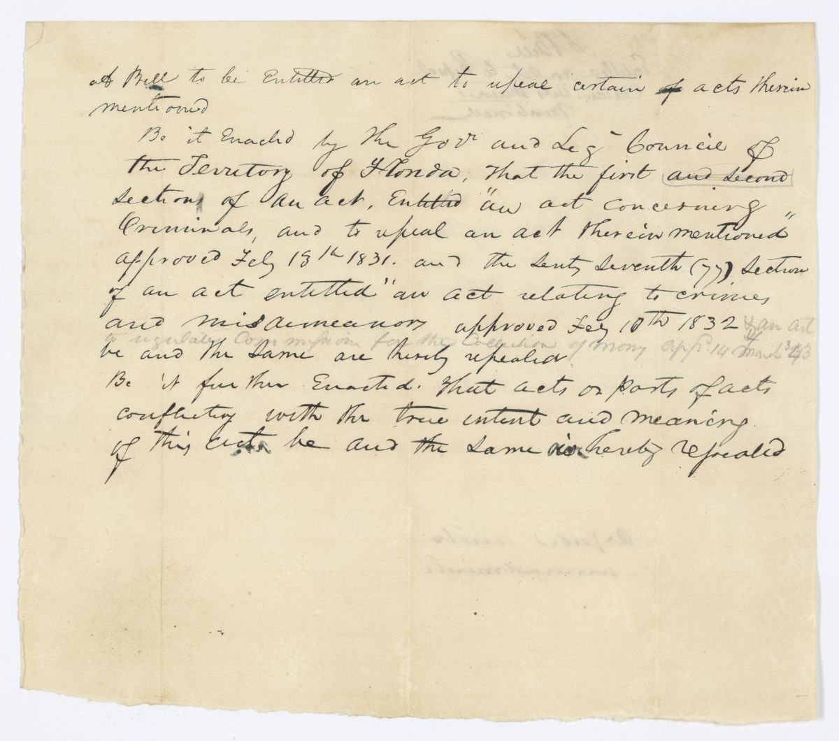 Draft of an Act to Repeal Certain Acts Therein Mentioned, circa 1844