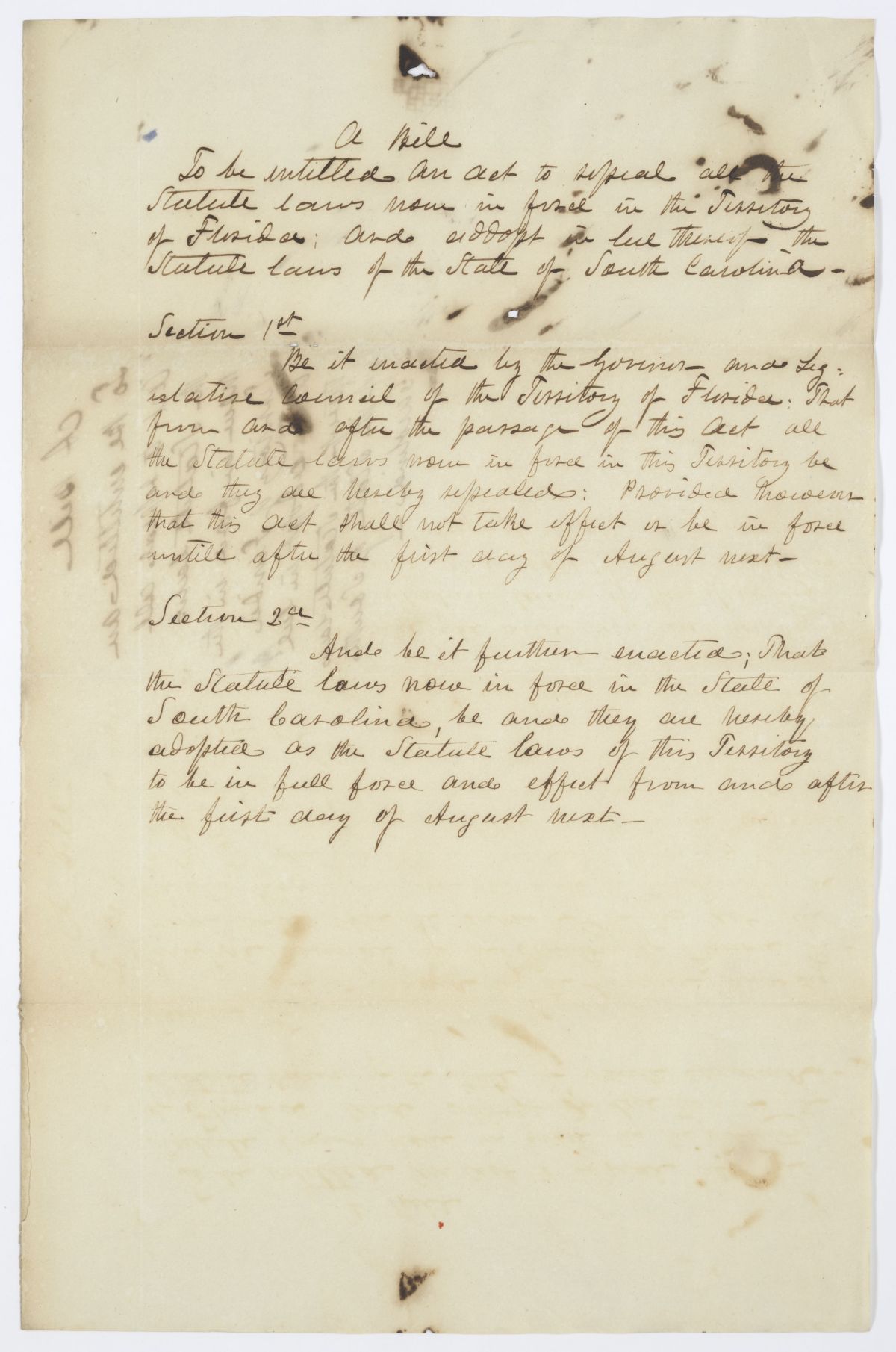 Draft of an Act to Repeal All the Statute Laws and Adopt the Statute Laws of the State of South Carolina, 1845