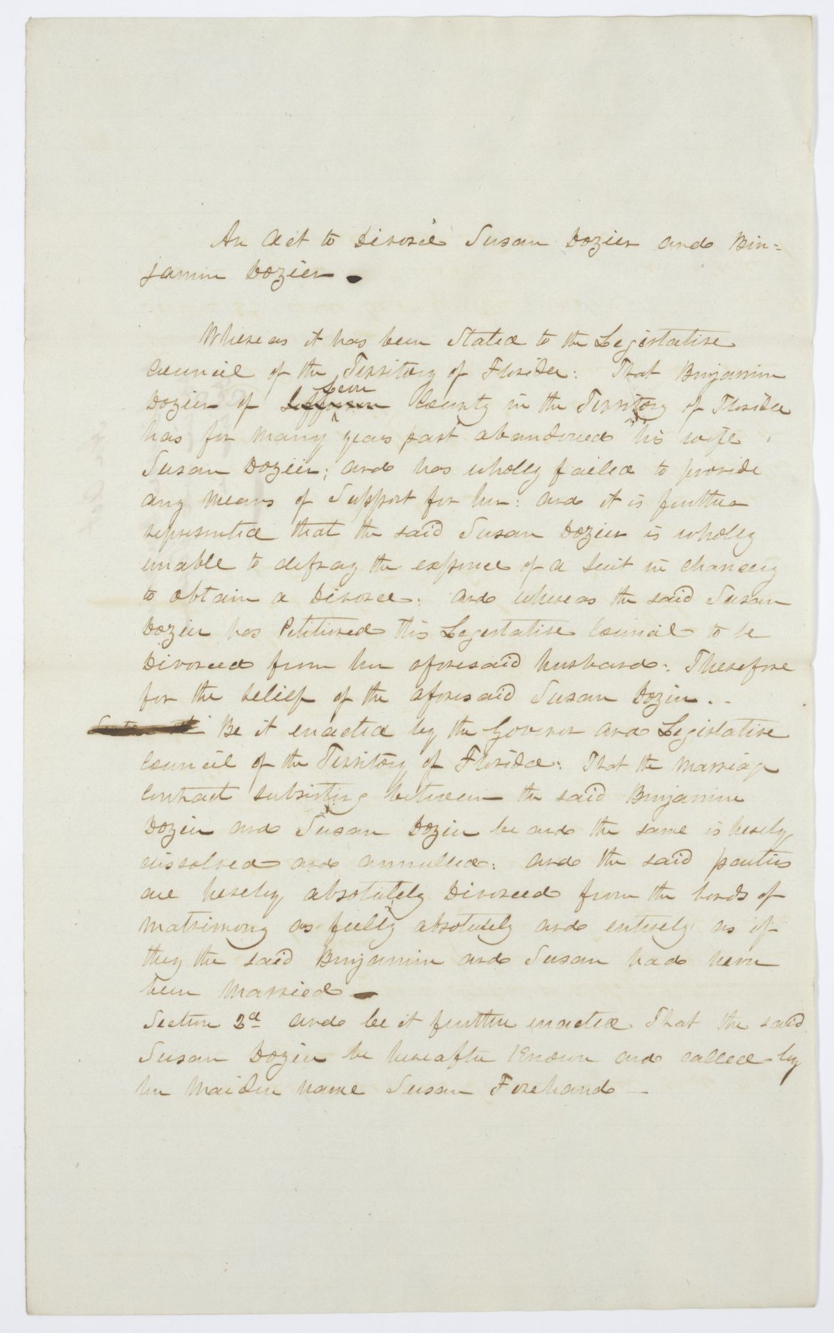 Draft of An Act to Divorce Susan Dozier and Benjamin Dozier, circa 1841