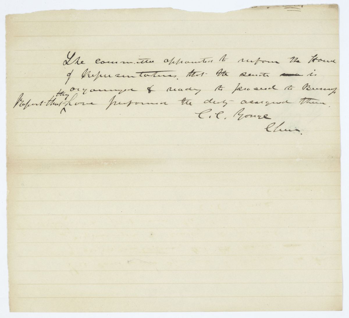 Report of the Committee Appointed to Inform the House that the Senate is Organized and Ready to Proceed, circa 1844