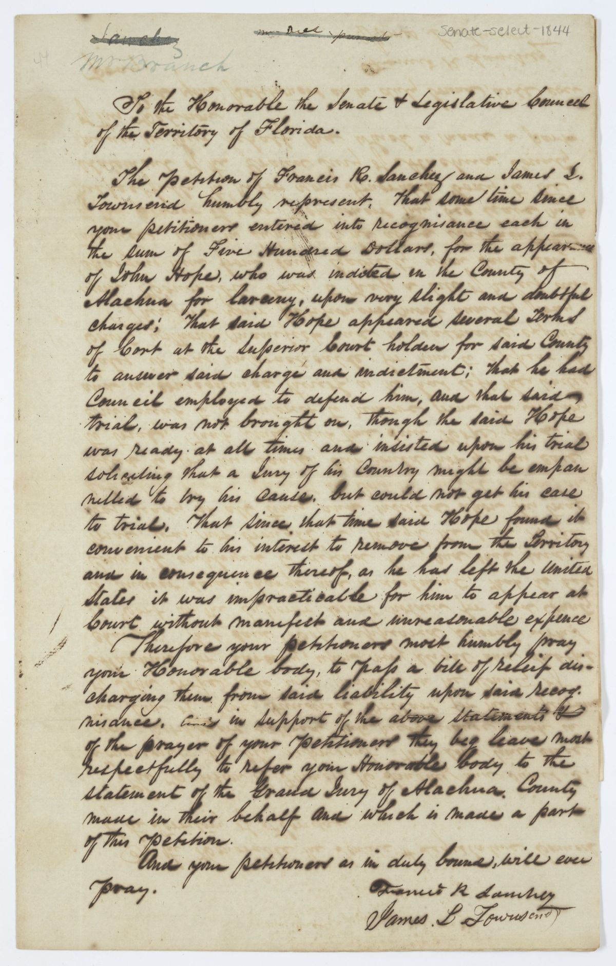 Petition of Francis R. Sanchez and James L. Townsend, circa 1844