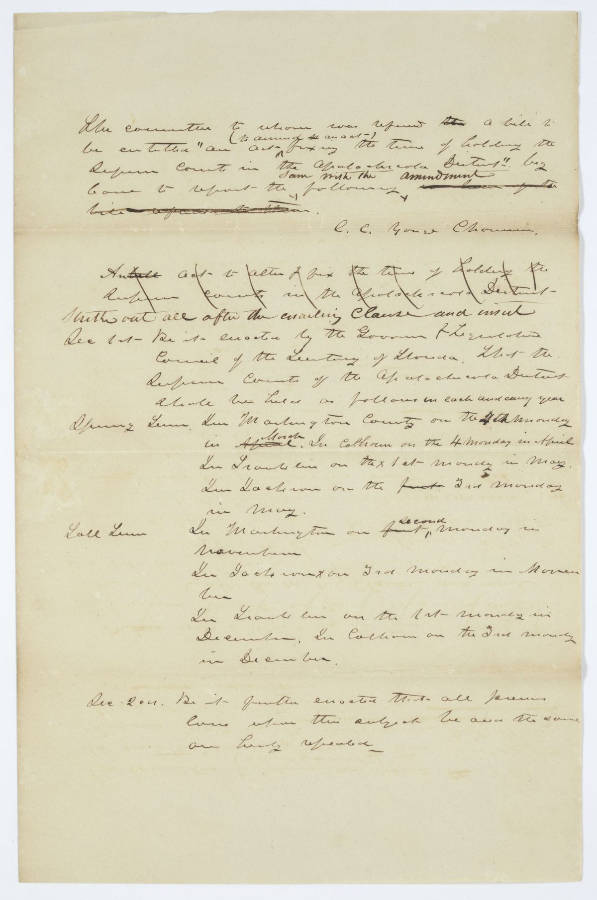 Report of the Committee to Whom Was Referred an Act Fixing the Time of Holding the Superior Court in the Apalachicola District, circa 1844