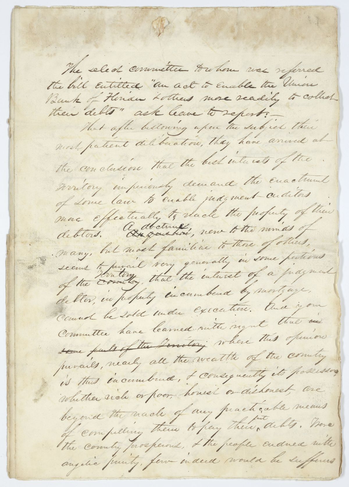 Report of the Select Committee to Whom Was Referred a Bill to Enable the Union Bank and Others to More Readily Collect Debt, circa 1844