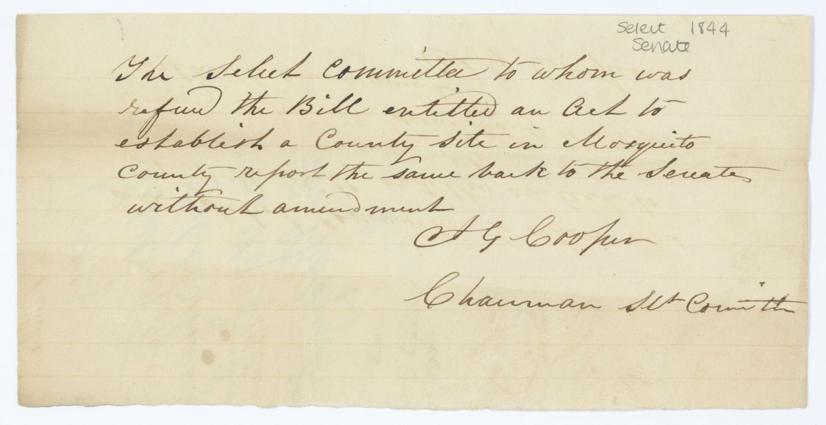 Report of the Select Committee to Whom Was Referred a Bill to Establish a County Seat in Mosquito County, circa 1844