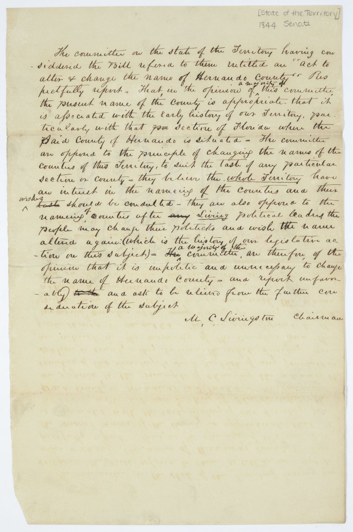 Report of the Committee on the State of the Territory to Whom Was Referred a Bill to Change the Name of Hernando County, circa 1844