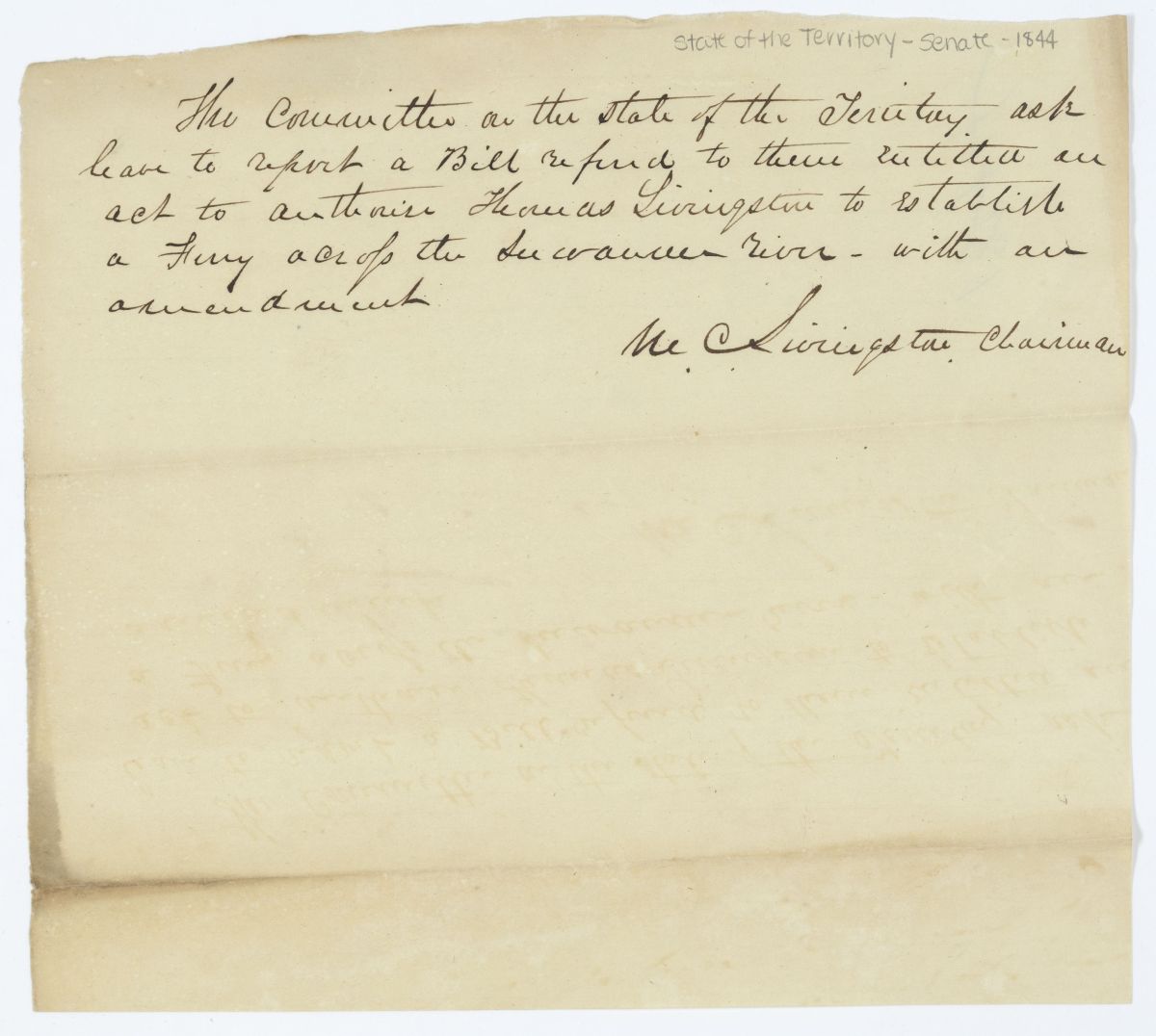 Report of the Committee on the State of the Territory Regarding a Bill to Authorize Thomas Livingston to Establish a Ferry, circa 1844