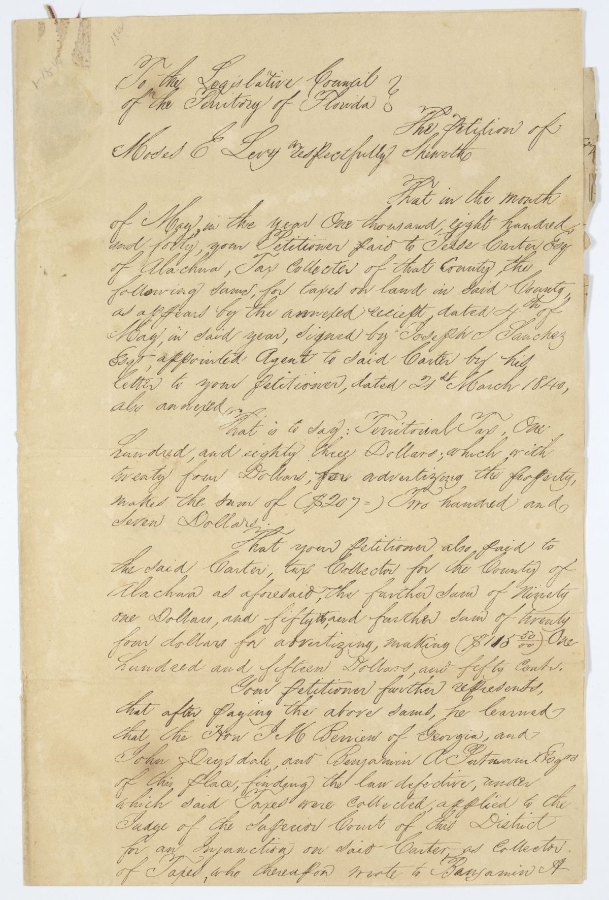 Petition of Moses E. Levy Requesting a Discount on Future Taxes, 1843