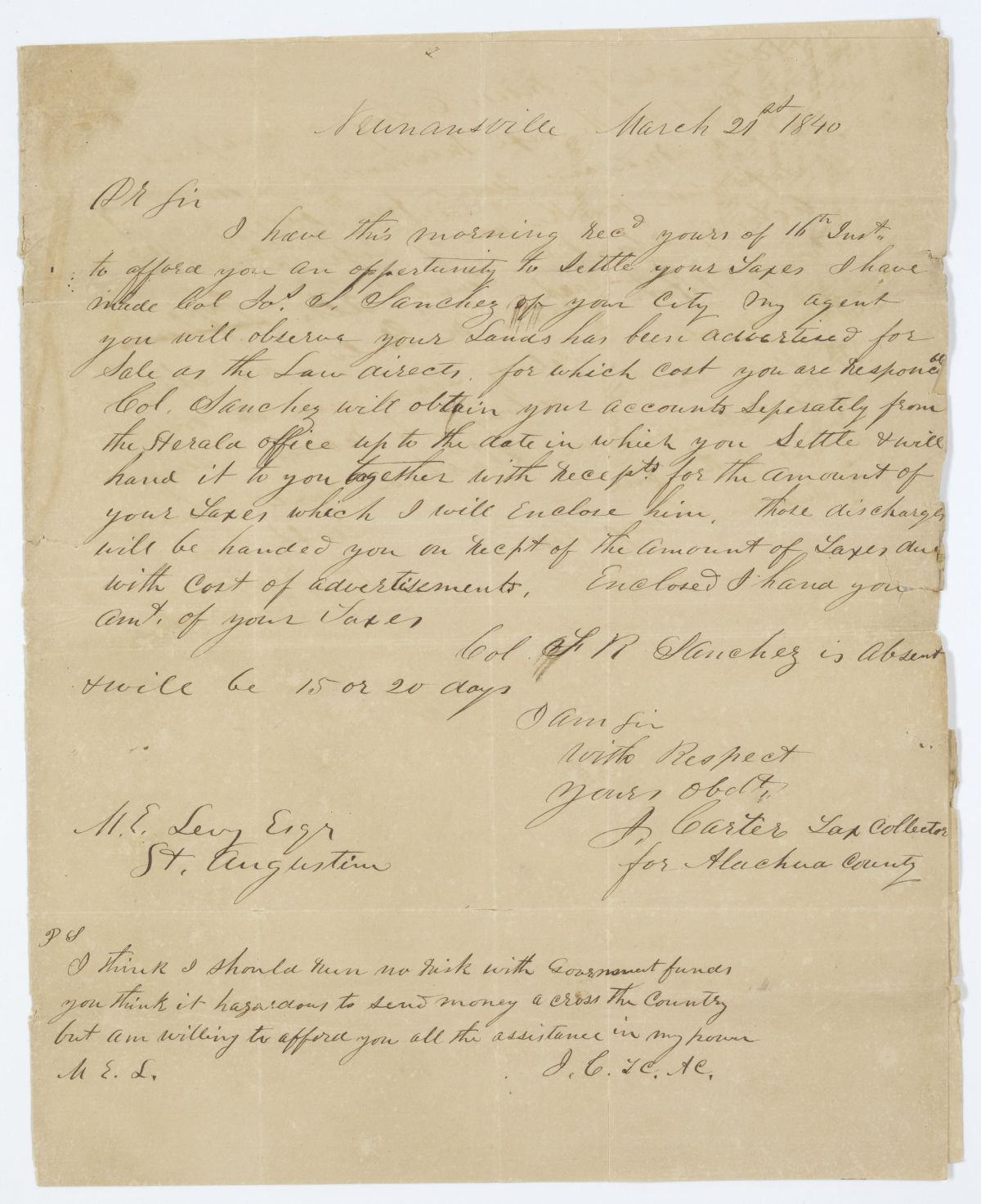 Letter from Jesse Carter to Moses E. Levy Regarding the Settlement of Taxes, 1840