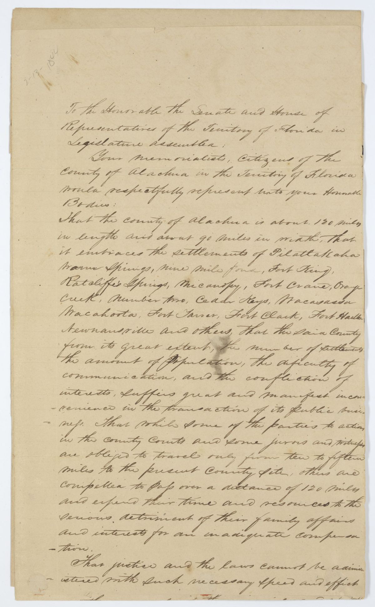 Petition of Citizens of Alachua County Requesting a Division of the County, circa 1844