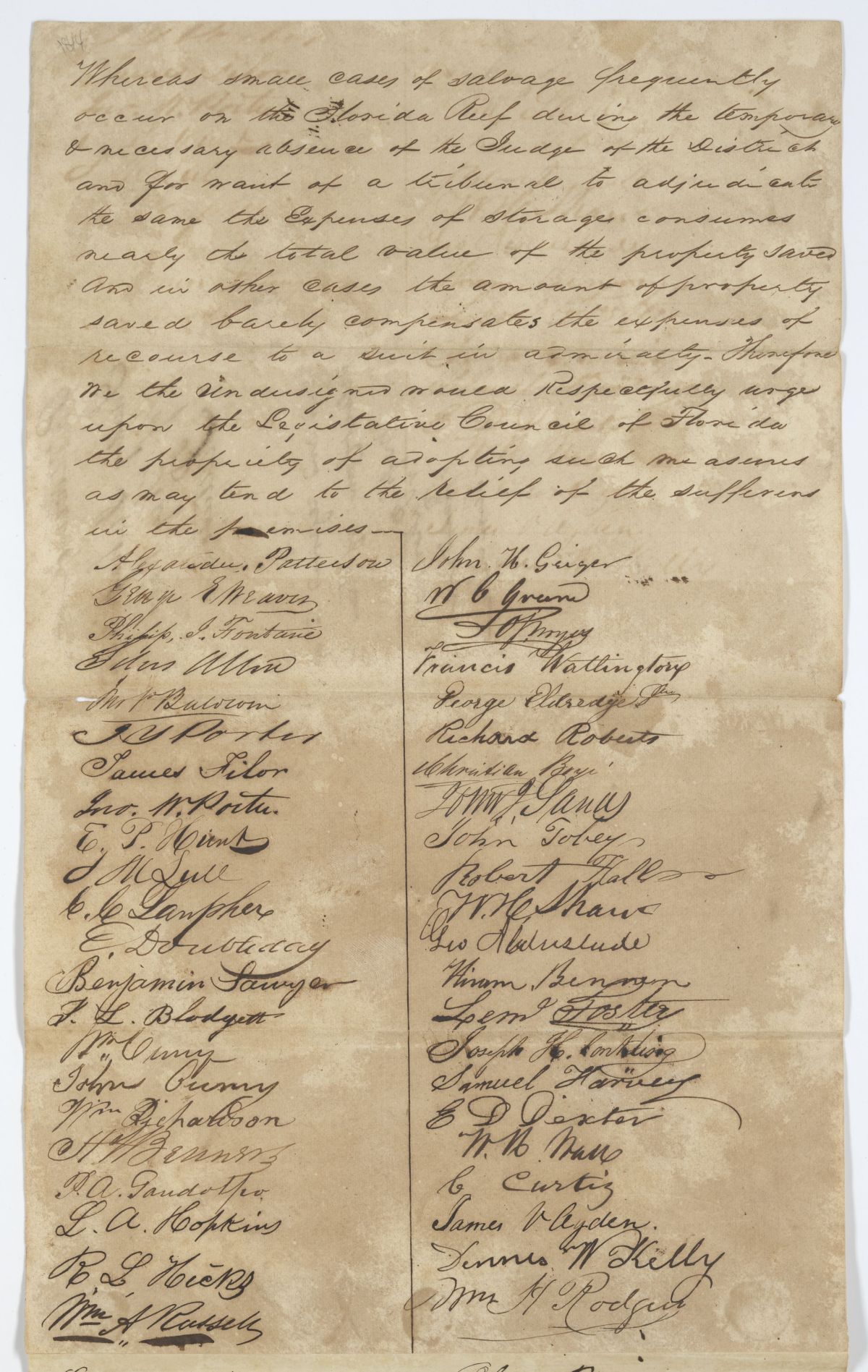 Petition of Citizens of Key West Requesting a More Efficient Manner of Adjudicating Salvage Cases, circa 1844