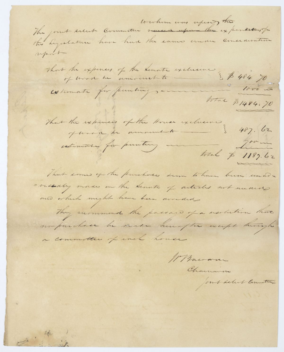 Report of the Joint Select Committee to Whom Was Referred the Expenditures of the Legislature, 1845