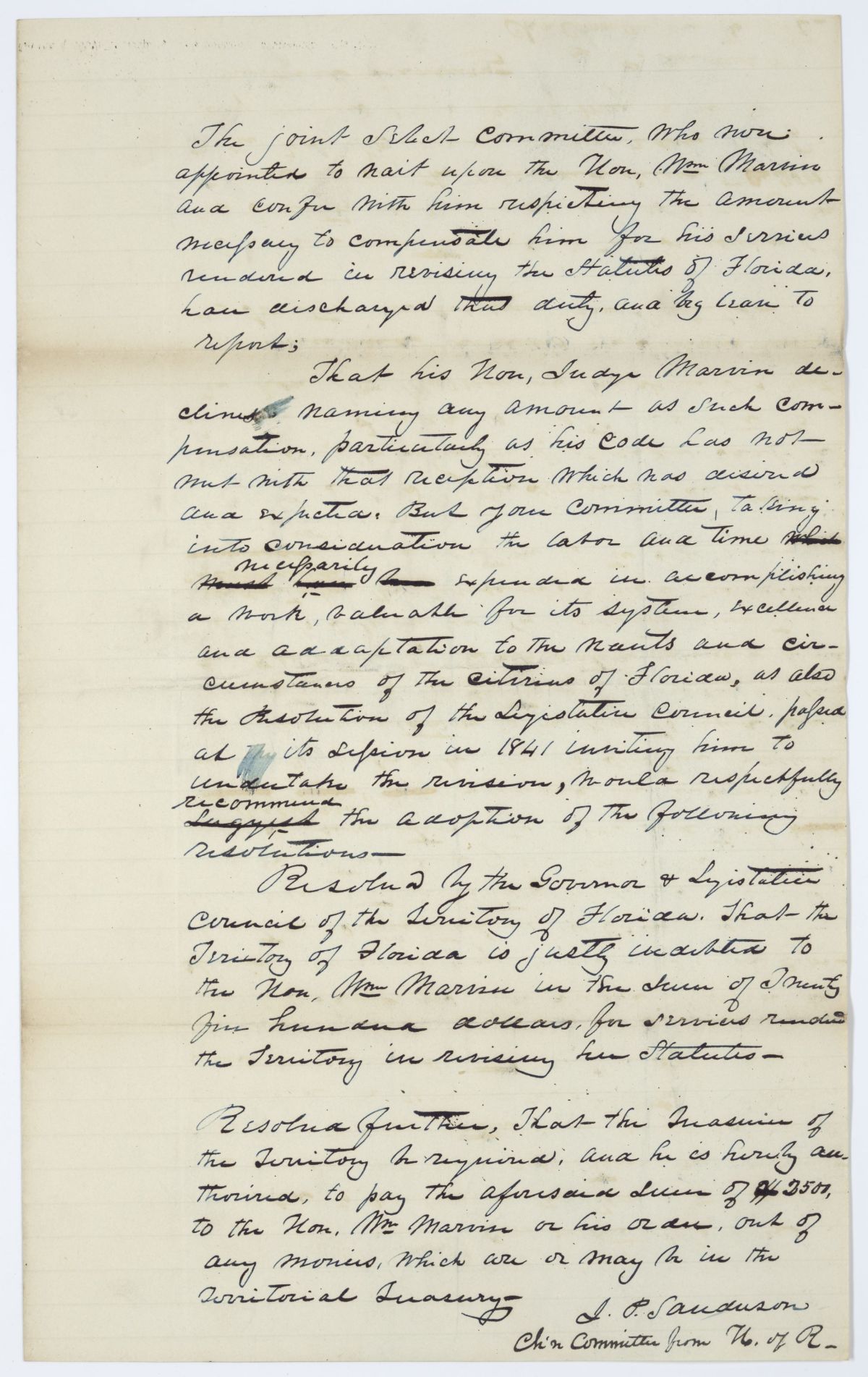 Report of the Joint Select Committee Appointed to Determine the Compensation of William Marvin for Revising the Statutes of Florida, circa 1844