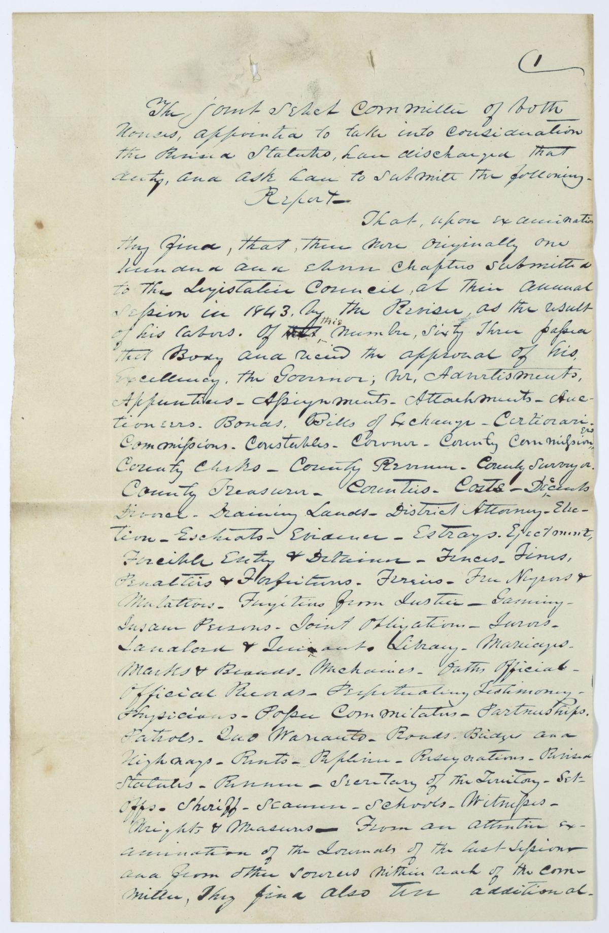 Report of the Joint Select Committee Appointed to Take into Consideration the Revised Statutes, circa 1844