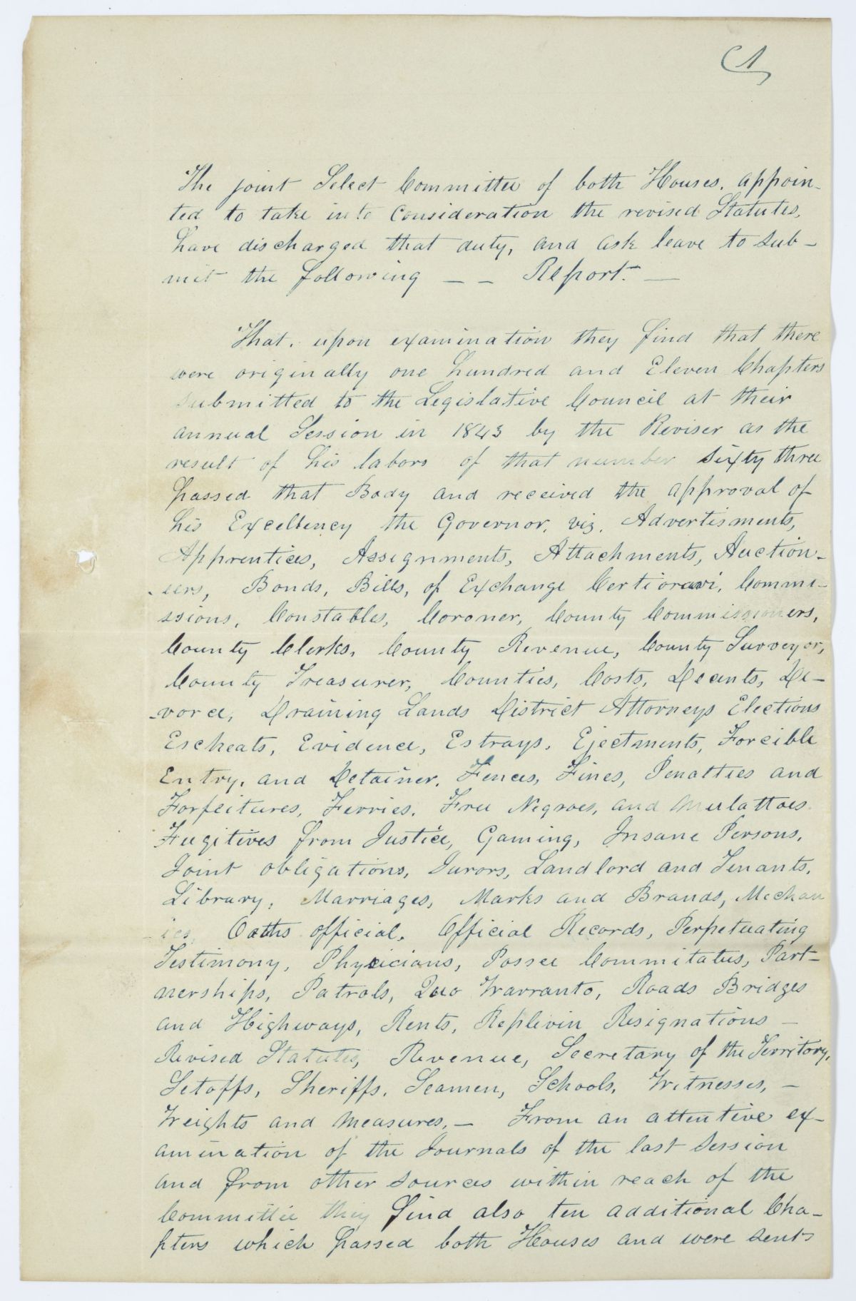 Report of the Joint Select Committee Appointed to Take into Consideration the Revised Statutes, circa 1844