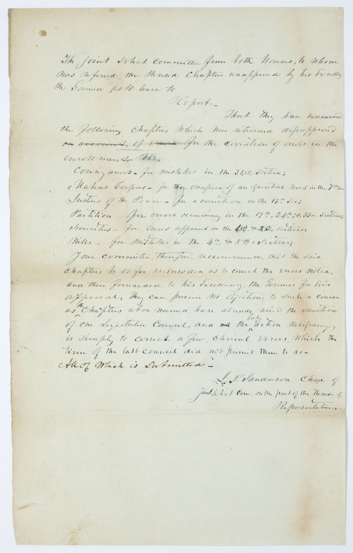 Report of the Joint Select Committee to Whom Was Referred the Revised Chapters Unapproved by the Governor, 1844