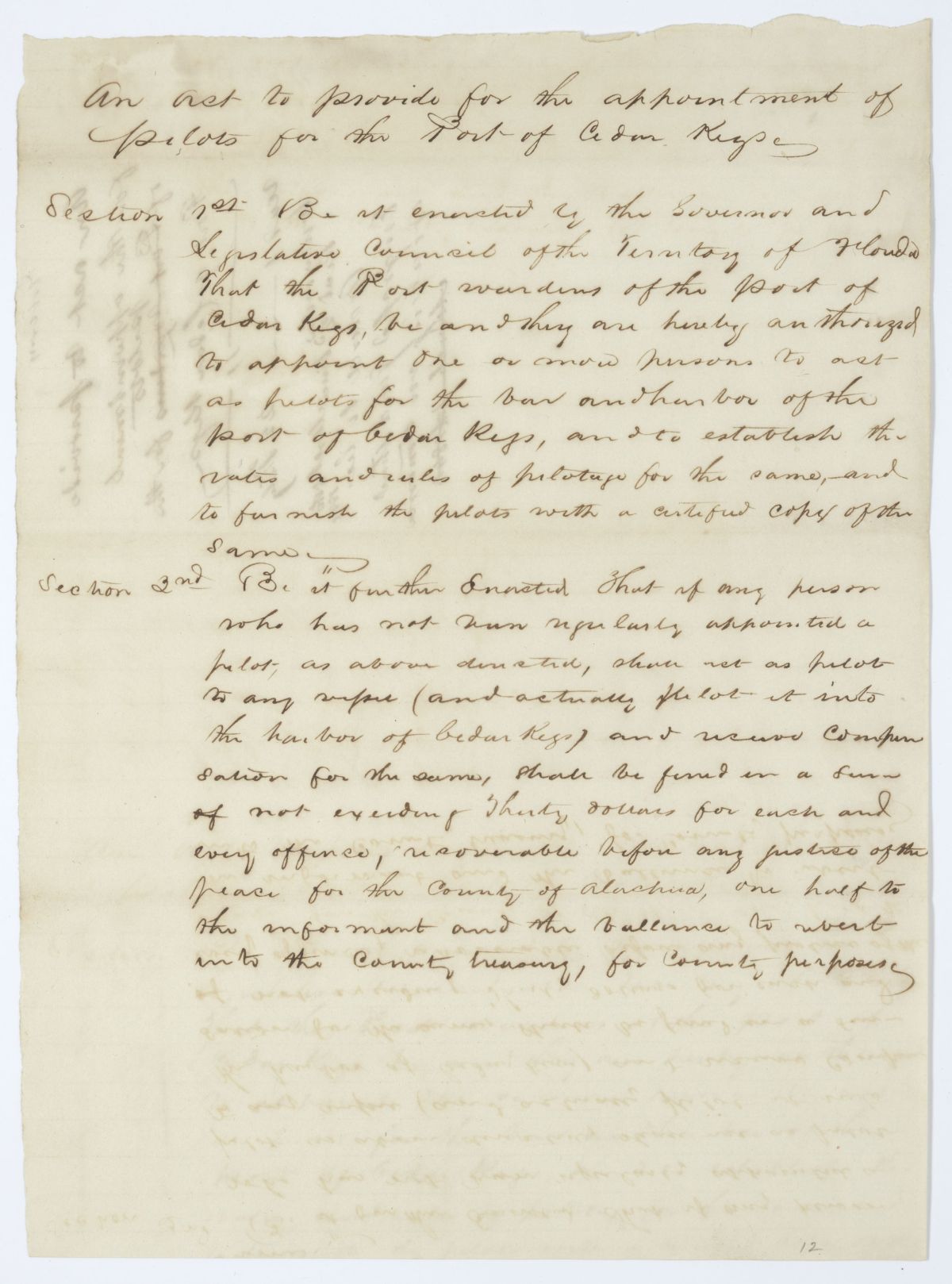 Draft of an Act to Provide for the Appointment of Pilots for the Port of Cedar Keys, 1844