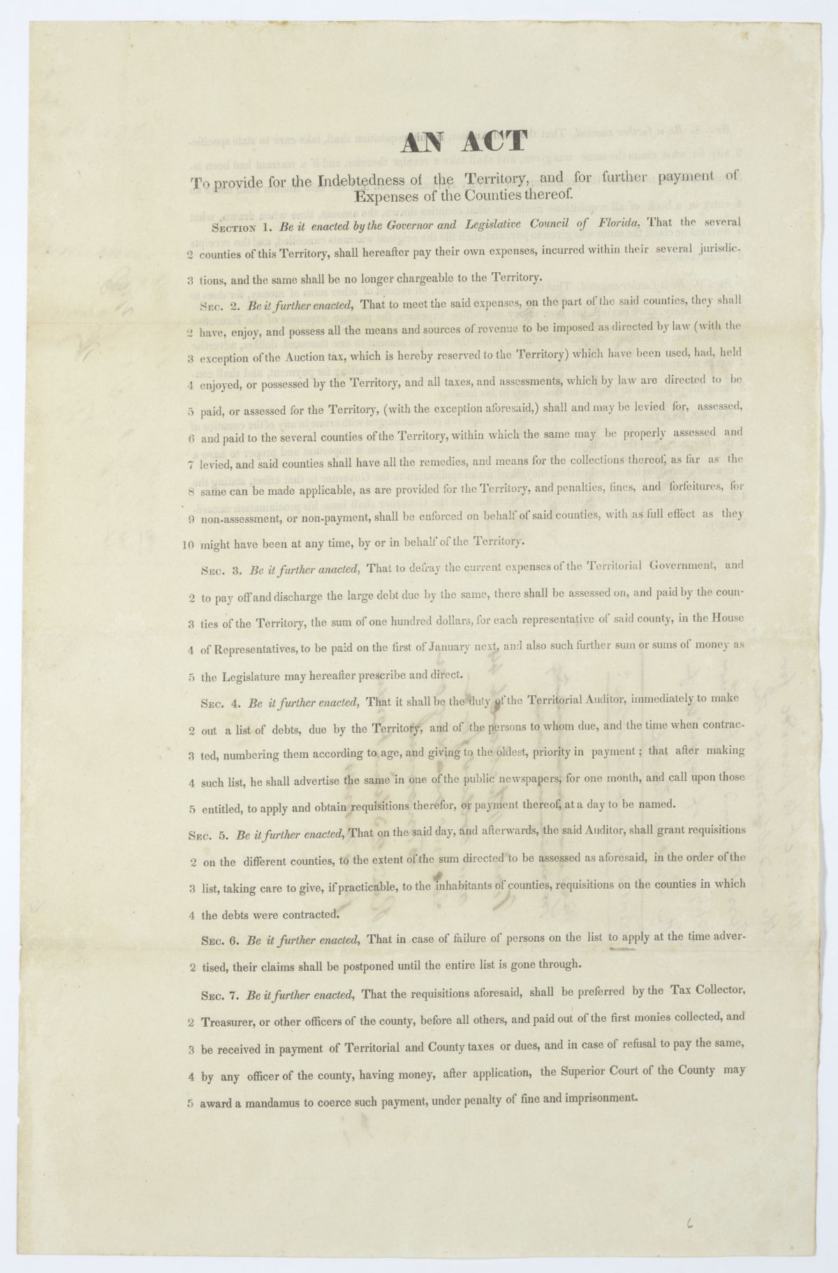 Draft of an Act to Provide for the Indebtedness of the Territory, 1844